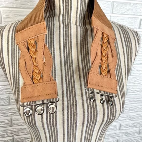 Wide Tan Elastic Belt Braided Faux Leather Front - Picture 7 of 7
